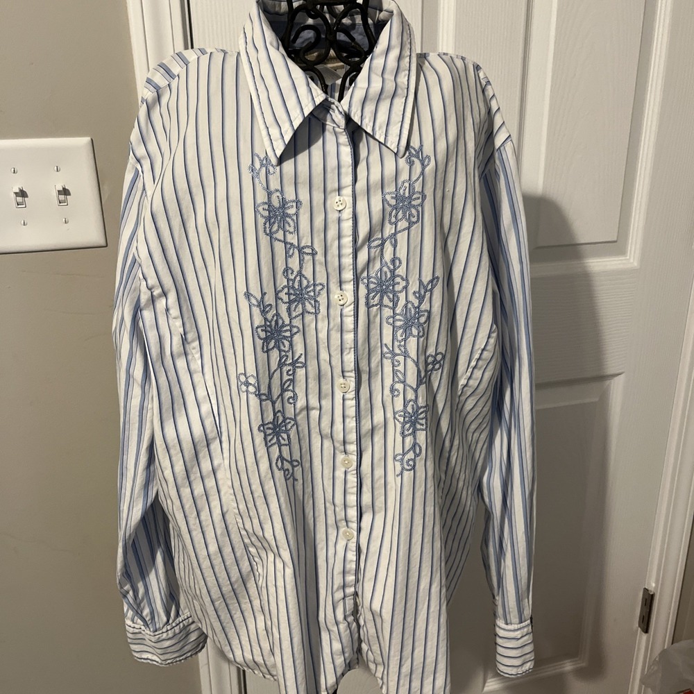 Coldwater Creek Top Womens Striped Embroidered Floral Long Sleeve Button Up